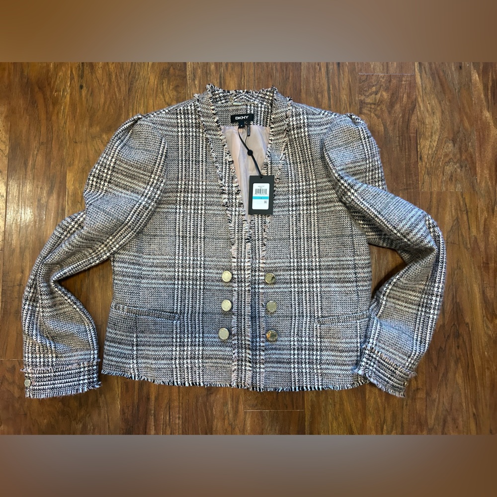 DKNY Pink/Gray Plaid Blazer with Gold Buttons